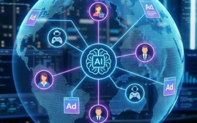 AI-powered ad targeting technology visualizing unified customer data and digital marketing automation across global networks