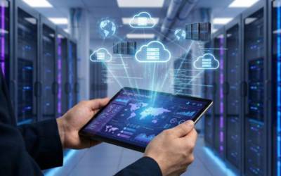 Cloud computing infrastructure powering online business growth on a tablet with global e-commerce data streams.