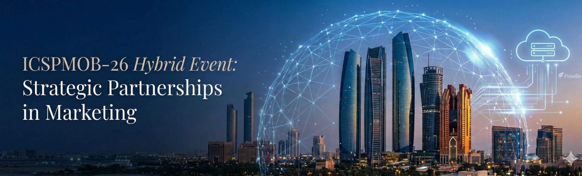 ICSPMOB-26 Hybrid Event Banner Abu Dhabi International Conference on Strategic Partnerships in Marketing and Online Business with digital network visualization.