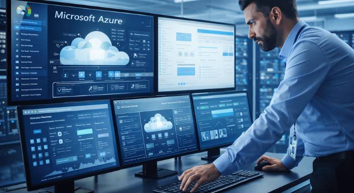 Data center engineer managing hybrid cloud infrastructure with Microsoft Azure portal open on multiple monitors.
