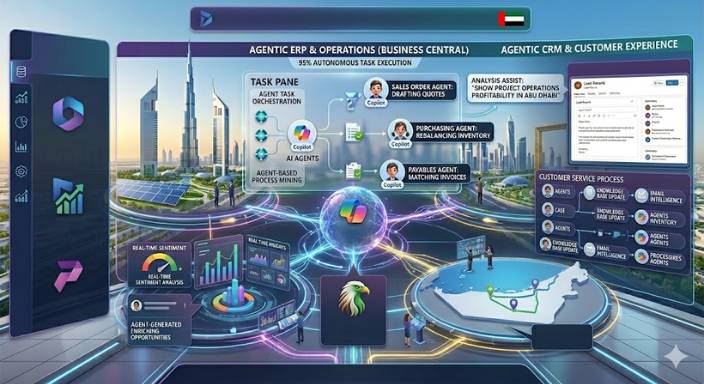 Dynamics 365 Wave 1 update features displayed on screen showing Business Central ERP AI agent in Dubai office.