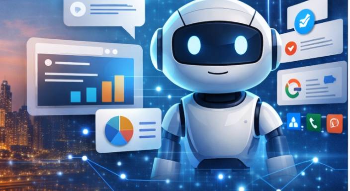 Microsoft 365 Copilot UAE dashboard showing AI overview features on a laptop screen in Abu Dhabi office