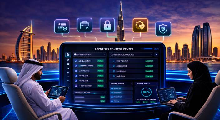 Microsoft Agent 365 UAE dashboard on laptop showing agent registry and security controls for Sharjah business