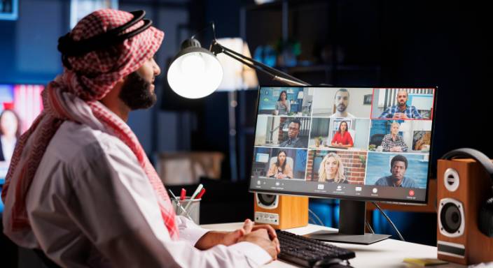 Microsoft Teams UAE 2026 meeting with AI Copilot transcription and action items generated for Sharjah business team