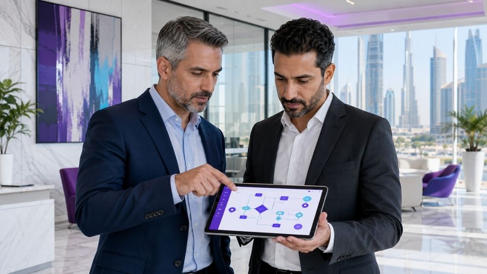 Top Dynamics 365 consultants Dubai - two consultants reviewing an ERP process flow in Dubai