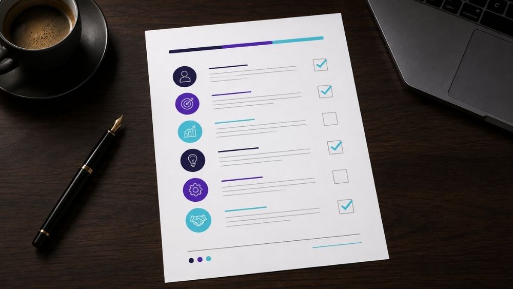 Microsoft 365 vendor selection checklist UAE - printed vendor selection checklist with criteria ticked in cyan
