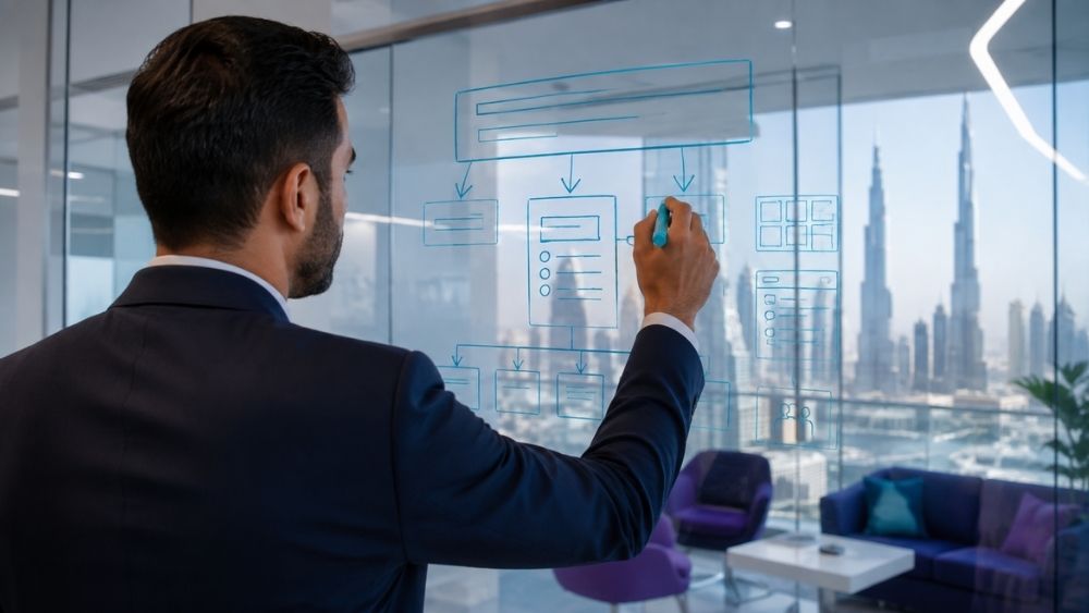 SharePoint intranet consultant Dubai - consultant sketching an intranet site structure on glass in Dubai