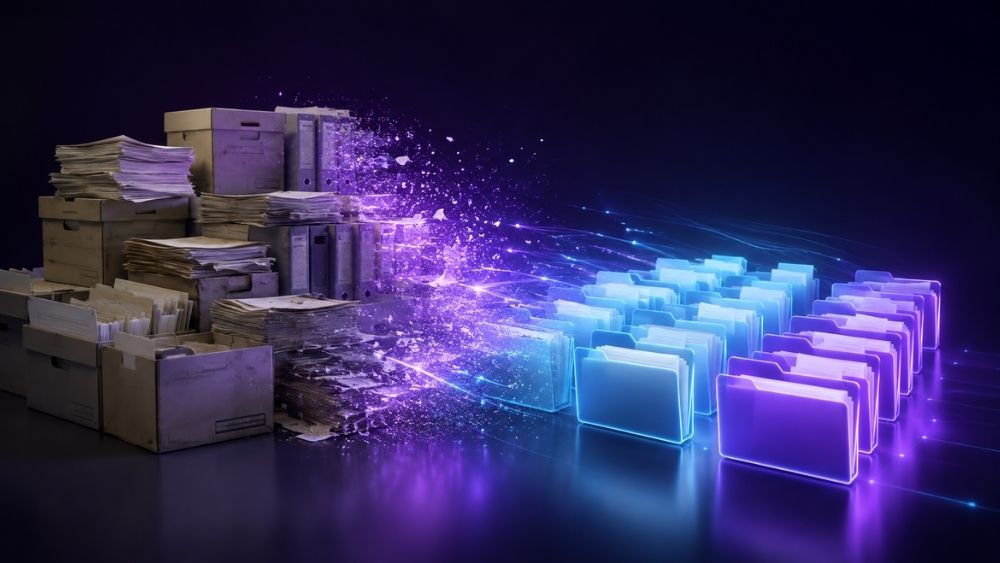 SharePoint migration specialist Abu Dhabi - paper file boxes dissolving into digital folders in Abu Dhabi