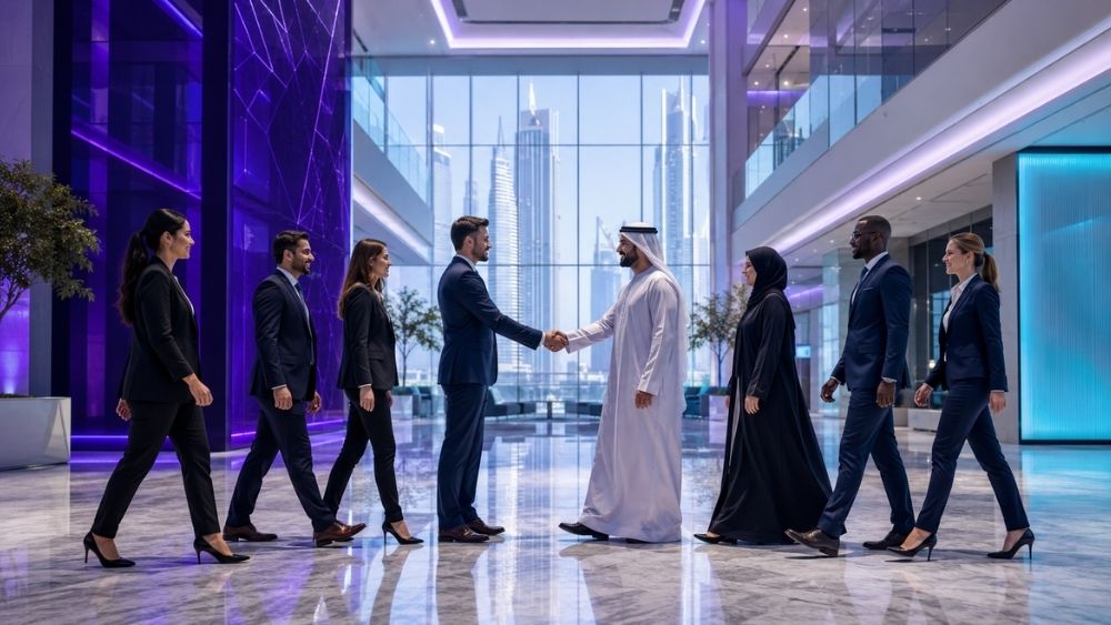 Merger and acquisition email migration UAE - two teams meeting in an atrium after an acquisition