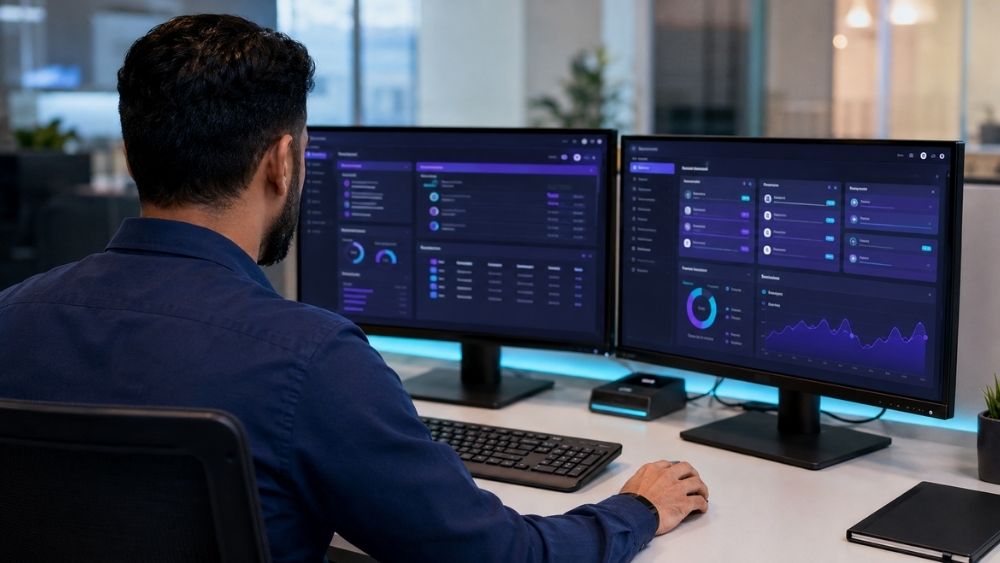 Microsoft Teams setup company UAE - technician configuring Teams policies on a dual monitor setup