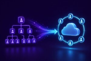 Active Directory migration company UAE - engineer beside a domain controller rack with a link to the cloud
