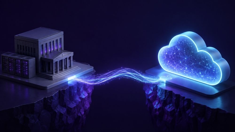 Hybrid identity consultant Abu Dhabi - bridge of light connecting an on-premise building to a cloud
