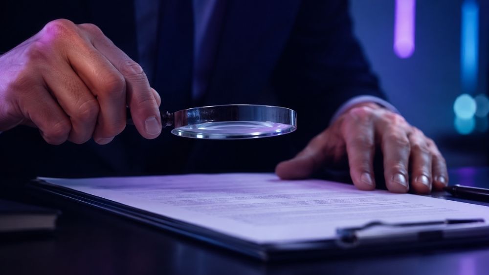 Software audit defence expert Dubai - consultant examining licence agreement clauses with a magnifier