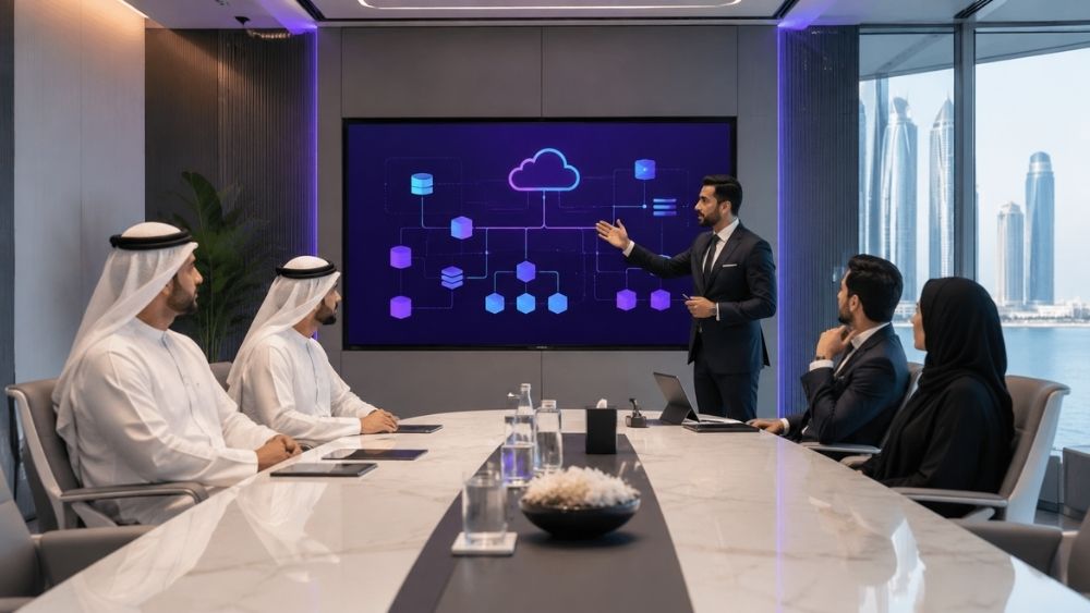 Azure consulting company Abu Dhabi - cloud architect presenting a solution architecture in Abu Dhabi