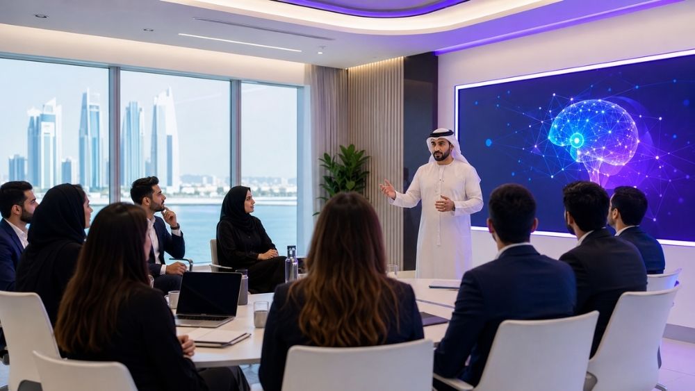 Microsoft 365 Copilot rollout company Abu Dhabi - trainer running an AI adoption workshop in Abu Dhabi