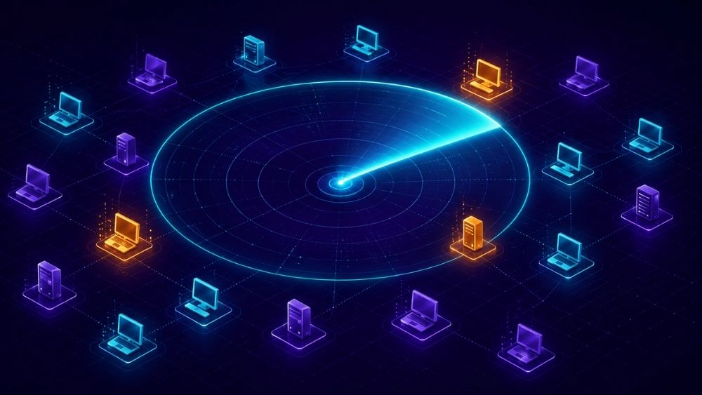 Microsoft 365 security assessment Sharjah - radar sweep across endpoint icons with a few flagged amber