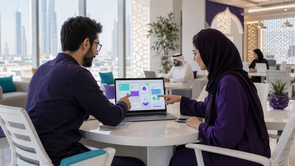 Custom business app developer UAE - developer and business user designing an app together in the UAE