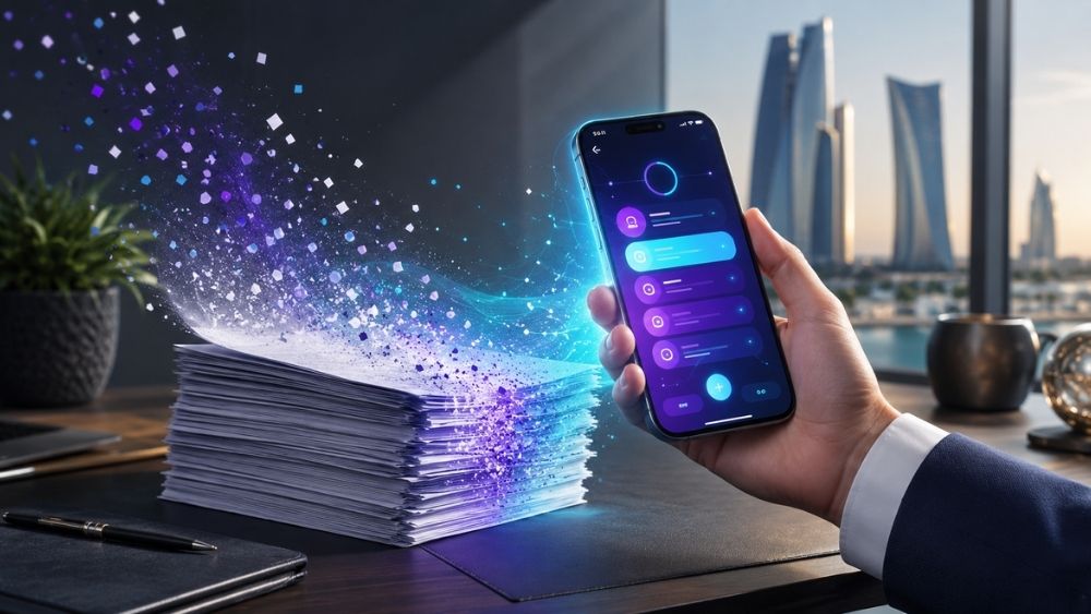 Replace paper forms with an app Abu Dhabi - stack of paper forms dissolving into a mobile app interface