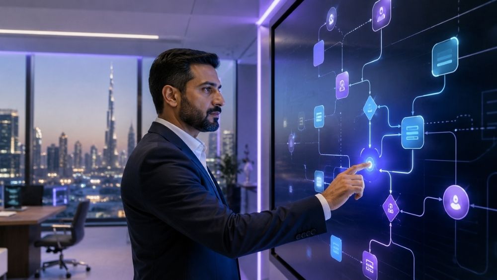 Top Power Automate consultant Dubai - consultant mapping an approval workflow on a touchscreen in Dubai