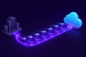 Best on premise to cloud migration company UAE - server rack data lifting upward into a cloud