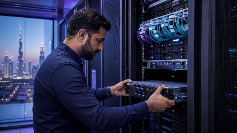 Server to cloud migration specialist Dubai - engineer unracking a server in a Dubai comms room