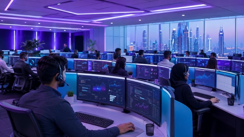 Outsourced IT helpdesk Dubai - outsourced helpdesk floor in Dubai with agents at monitors