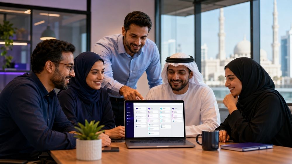 IT ticketing tool for SMEs Sharjah - small Sharjah team reviewing a simple helpdesk board together