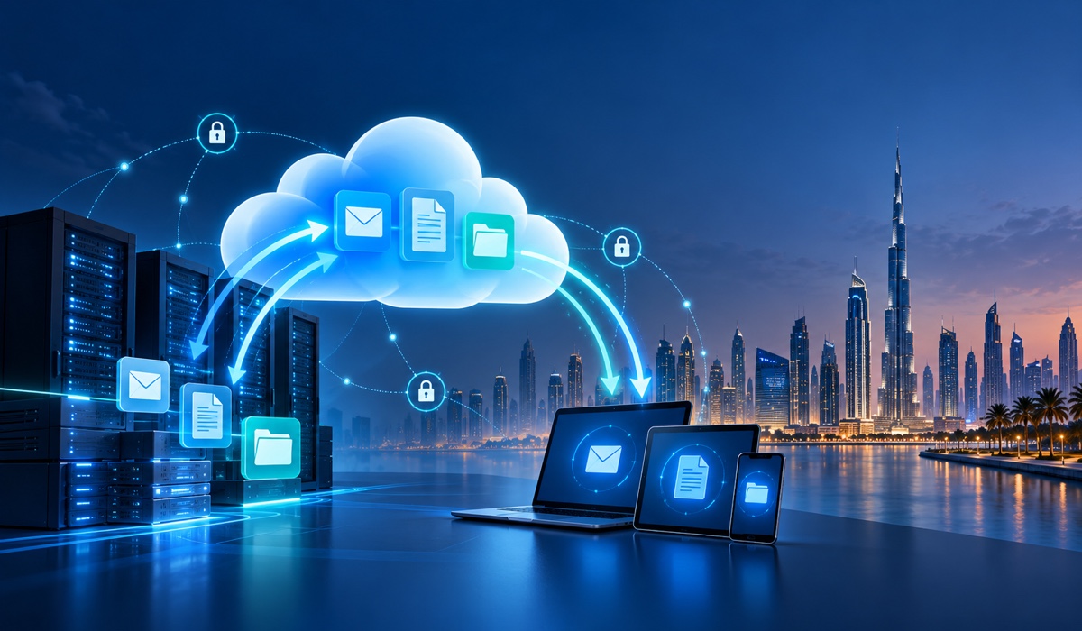 Office 365 data migration UAE showing secure transfer of email and files to Microsoft 365 for a Dubai business